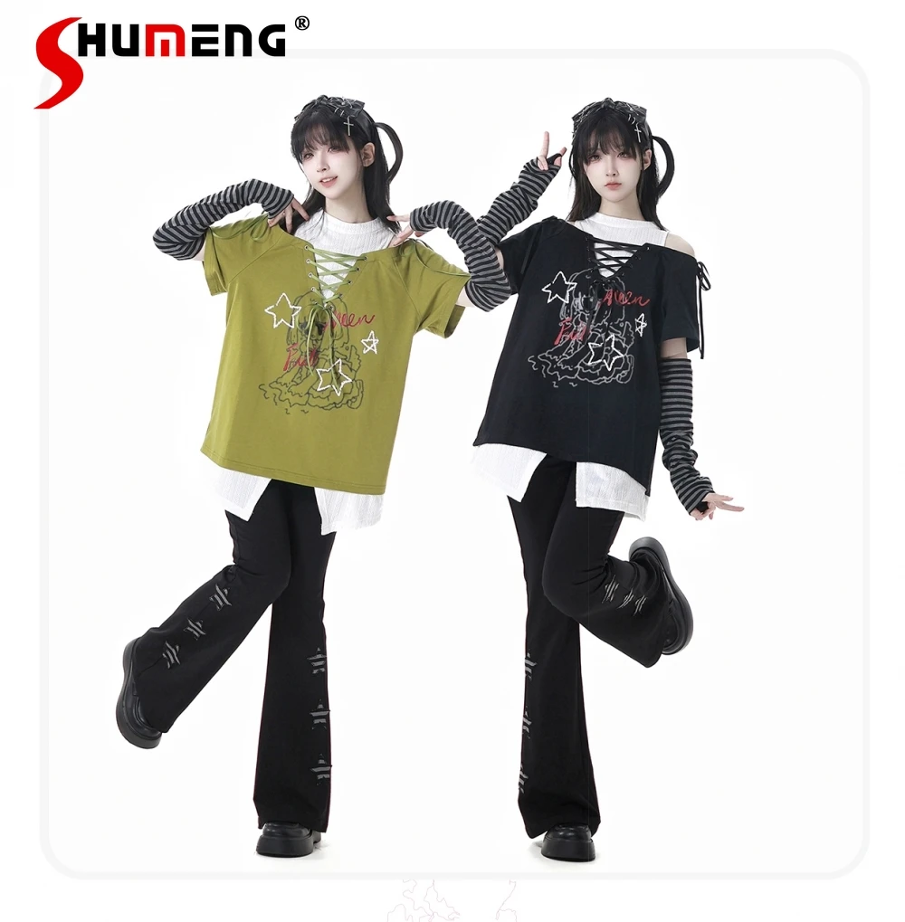 Fashion Street Lace-Up Bow Crew Neck Off-Shoulder Short Sleeve Printed T-Shirts Elastic High Waist Star Flare Pants Sets Women
Fashion Street Lace-Up Bow Crew Neck Off-Shoulder Short Sleeve Printed T-Shirts Elastic High Waist Star Flare Pants Sets Women