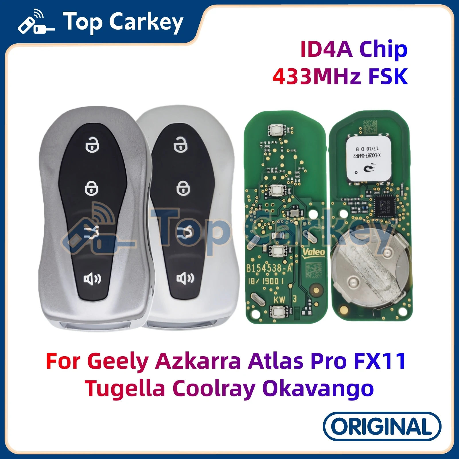 Оригинальный смарт-ключ TopCarkey, чип ID4A, 433 МГц для Geely Azkarra Atlas Pro FX11, Tugella Coolray Okavango
Оригинальный смарт-ключ TopCarkey, чип ID4A, 433 МГц для Geely Azkarra Atlas Pro FX11, Tugella Coolray Okavango