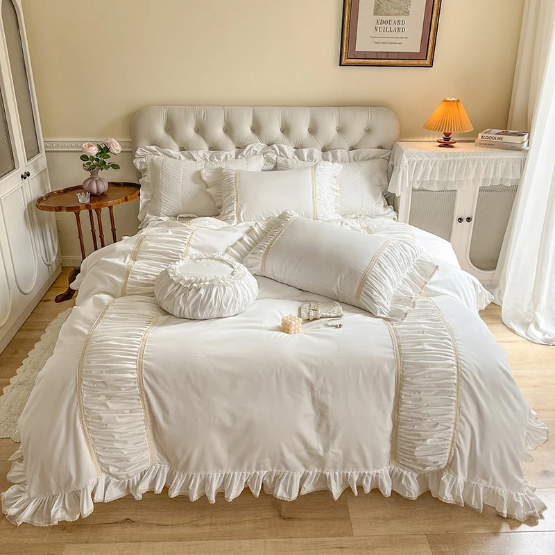 White Princess Lace Ruffles Pure Cotton Duvet Cover Set Korean Style Patchwork Bedding Bed Skirt Sheet Pillowcases Home Textile
White Princess Lace Ruffles Pure Cotton Duvet Cover Set Korean Style Patchwork Bedding Bed Skirt Sheet Pillowcases Home Textile