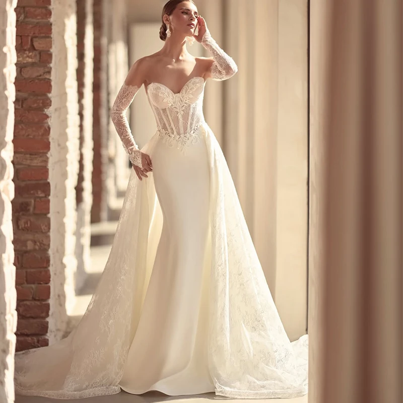 Graceful Detachable Train Weddingdress Satin With Embroidery Lace Mermaid Bride Strapless Fullsleeve Customized Vestido De Novia
Graceful Detachable Train Weddingdress Satin With Embroidery Lace Mermaid Bride Strapless Fullsleeve Customized Vestido De Novia