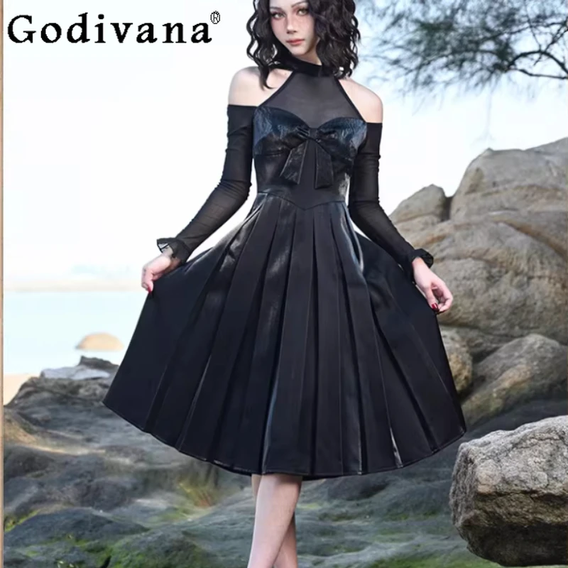 Spring Autumn New Chic Leather Sexy Off-Shoulder Long Sleeve Dress Punk Girl High Waist A-line Sweet Bow Pleated Black Dresses
Spring Autumn New Chic Leather Sexy Off-Shoulder Long Sleeve Dress Punk Girl High Waist A-line Sweet Bow Pleated Black Dresses