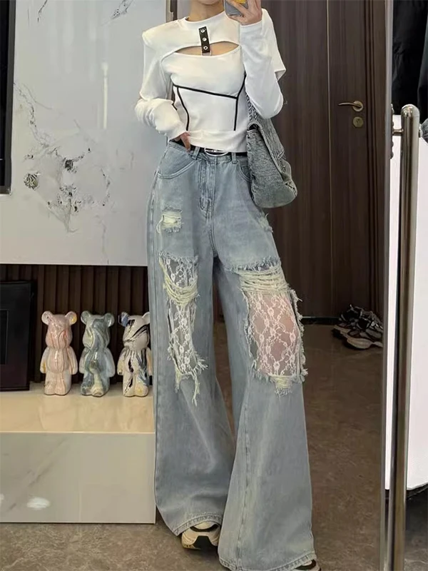 Легкие кружевные джинсовые джинсы с дырками, женские джинсы с высокой талией и широкими штанинами, прямой крой, летние новые брюки больших размеров в пол 
Легкие кружевные джинсовые джинсы с дырками, женские джинсы с высокой талией и широкими штанинами, прямой крой, летние новые брюки больших размеров в пол