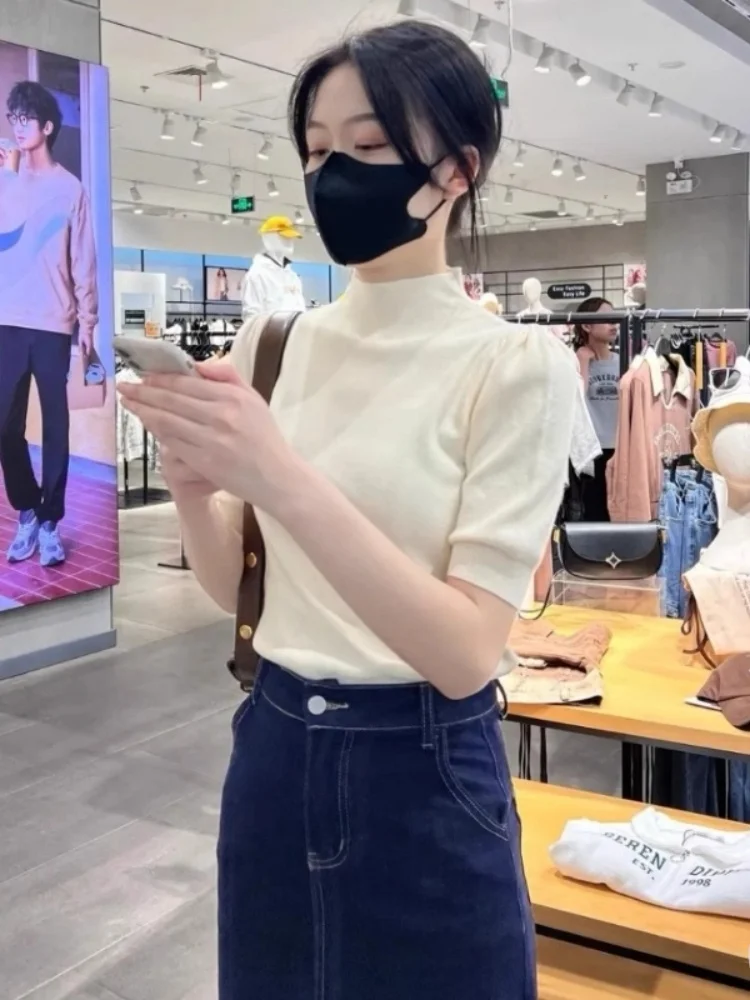 Slim Fit mid Sleeve Knitted Top Women's Summer Bubble Sleeve Half High Collar Thin Style Fashionable Short Sleeve Upper Body
Slim Fit mid Sleeve Knitted Top Women's Summer Bubble Sleeve Half High Collar Thin Style Fashionable Short Sleeve Upper Body