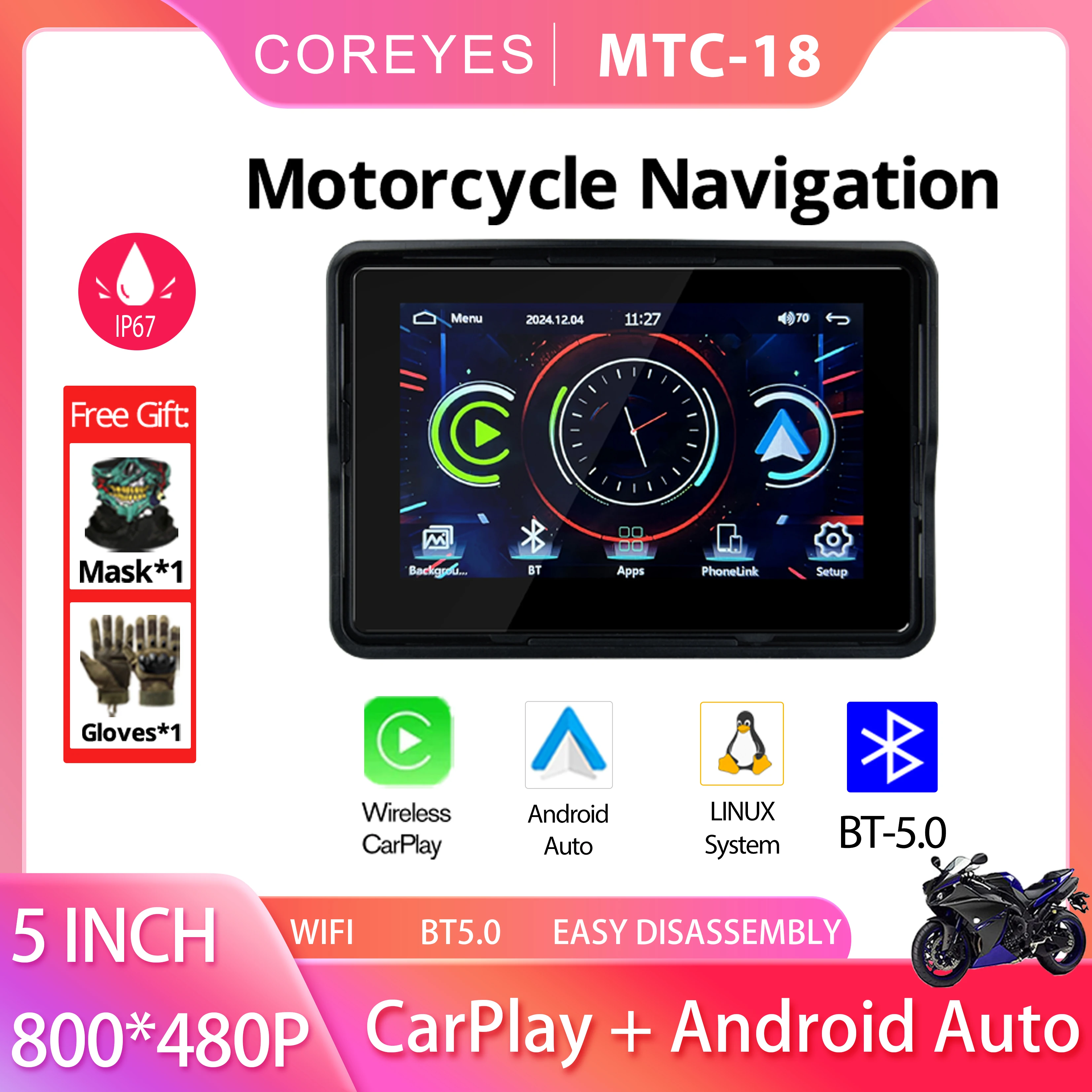 COREYES Motorcycle Navigation DVR Waterproof Screen Wireless Carplay Android Auto BT Multifunctional Monitor MTC-18
COREYES Motorcycle Navigation DVR Waterproof Screen Wireless Carplay Android Auto BT Multifunctional Monitor MTC-18
