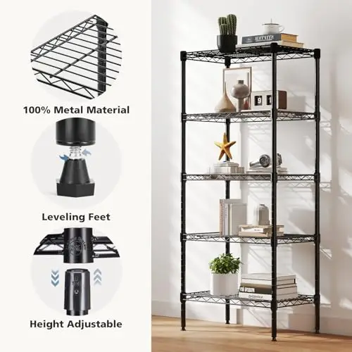 Black 5-Tier Adjustable Heavy Duty Metal Wire Shelf With Leveling Feet For Kitchen, Bathroom, Pantry, Garage Storage
Black 5-Tier Adjustable Heavy Duty Metal Wire Shelf With Leveling Feet For Kitchen, Bathroom, Pantry, Garage Storage