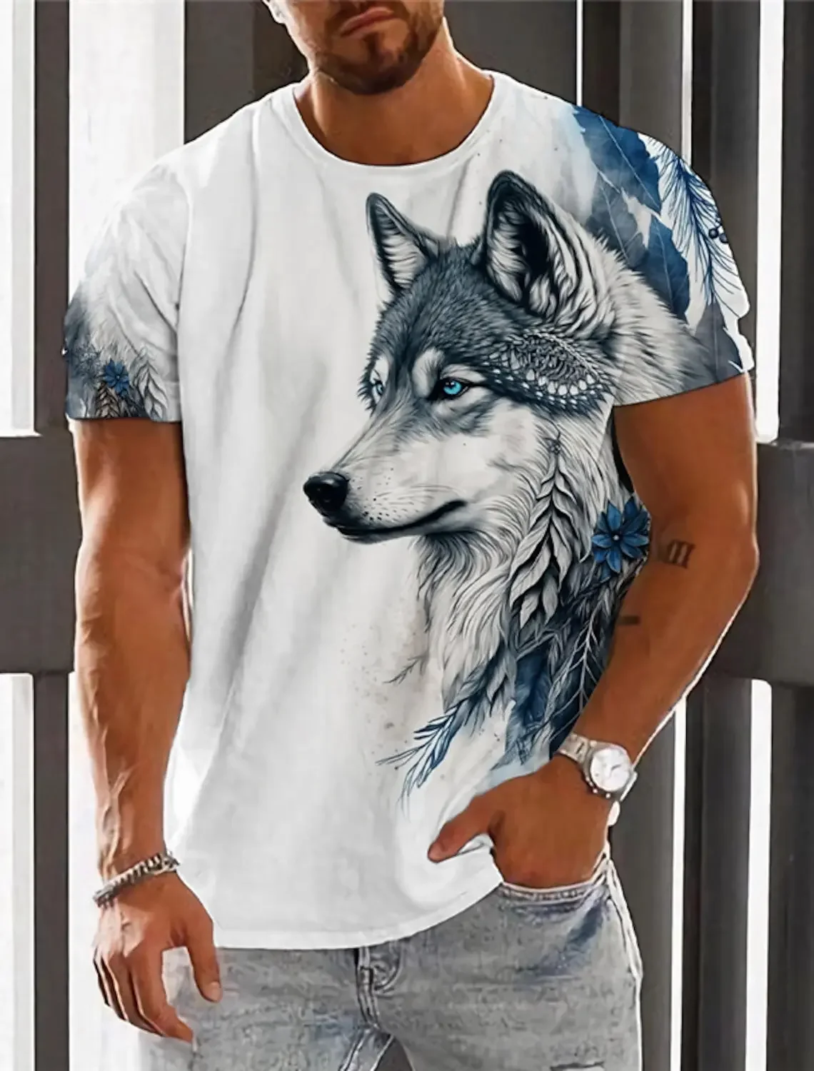 The men's T-shirt features a 3D printed graphic of a wolf, made with high quality imitation cotton for a fashionable and comfort
The men's T-shirt features a 3D printed graphic of a wolf, made with high quality imitation cotton for a fashionable and comfort