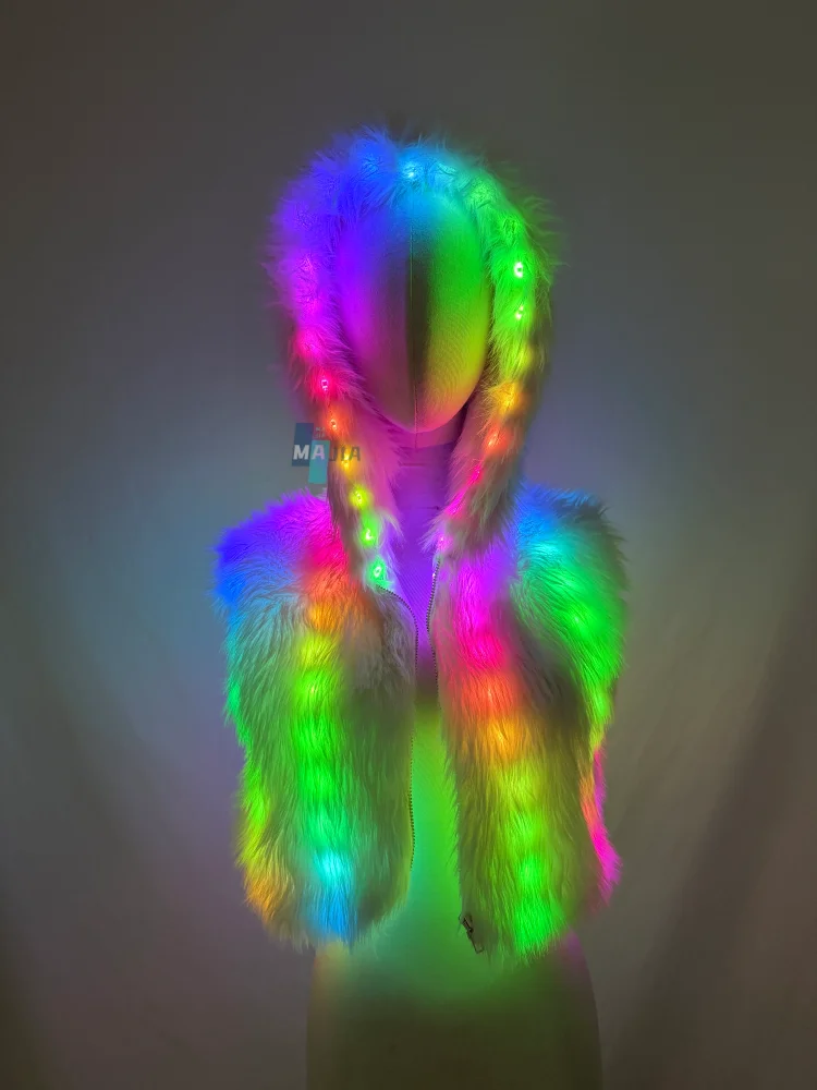 Hooded Faux Fur LED Jacket Women Rainbow Glowing Sleeveless Fur Crop Vest Festival Rave Party Burning Man Outfit
Hooded Faux Fur LED Jacket Women Rainbow Glowing Sleeveless Fur Crop Vest Festival Rave Party Burning Man Outfit