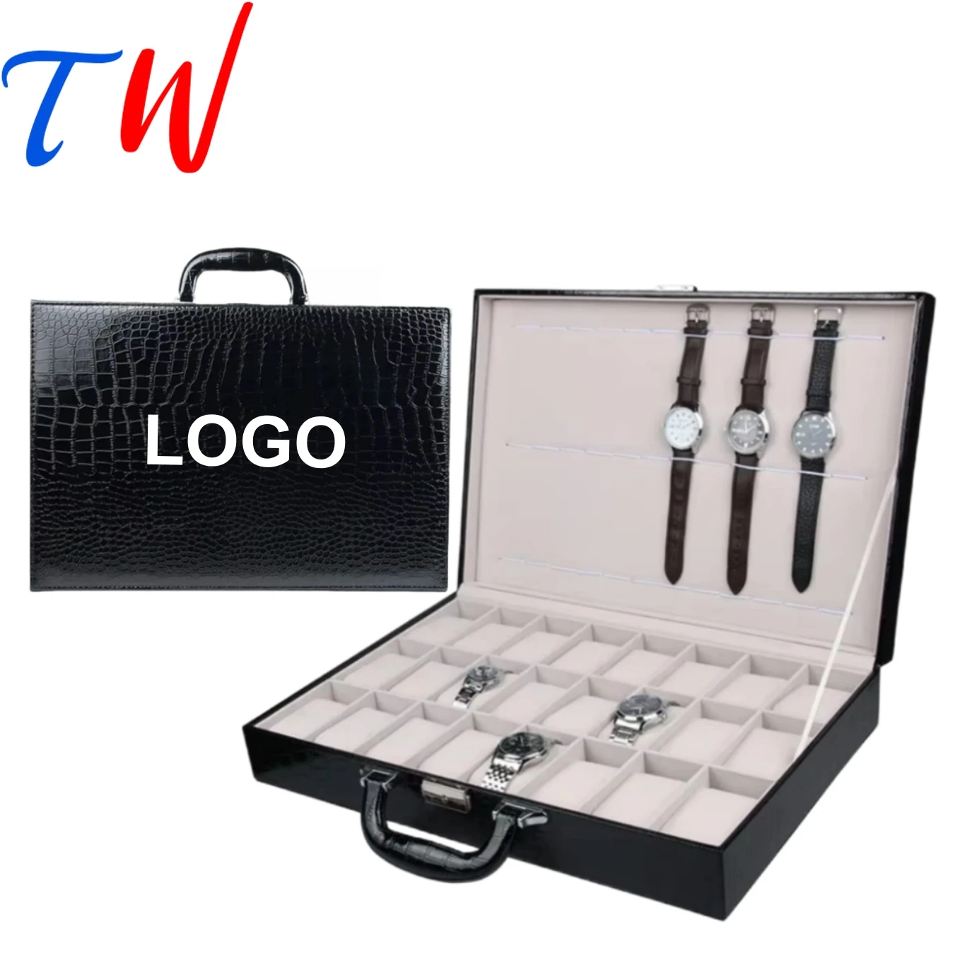 Luxury Crocodile-Pattern PU Leather Watch Case Watch Jewelry Organizer Portable Suitcase-Style Retail Display Case Custom Logo
Luxury Crocodile-Pattern PU Leather Watch Case Watch Jewelry Organizer Portable Suitcase-Style Retail Display Case Custom Logo