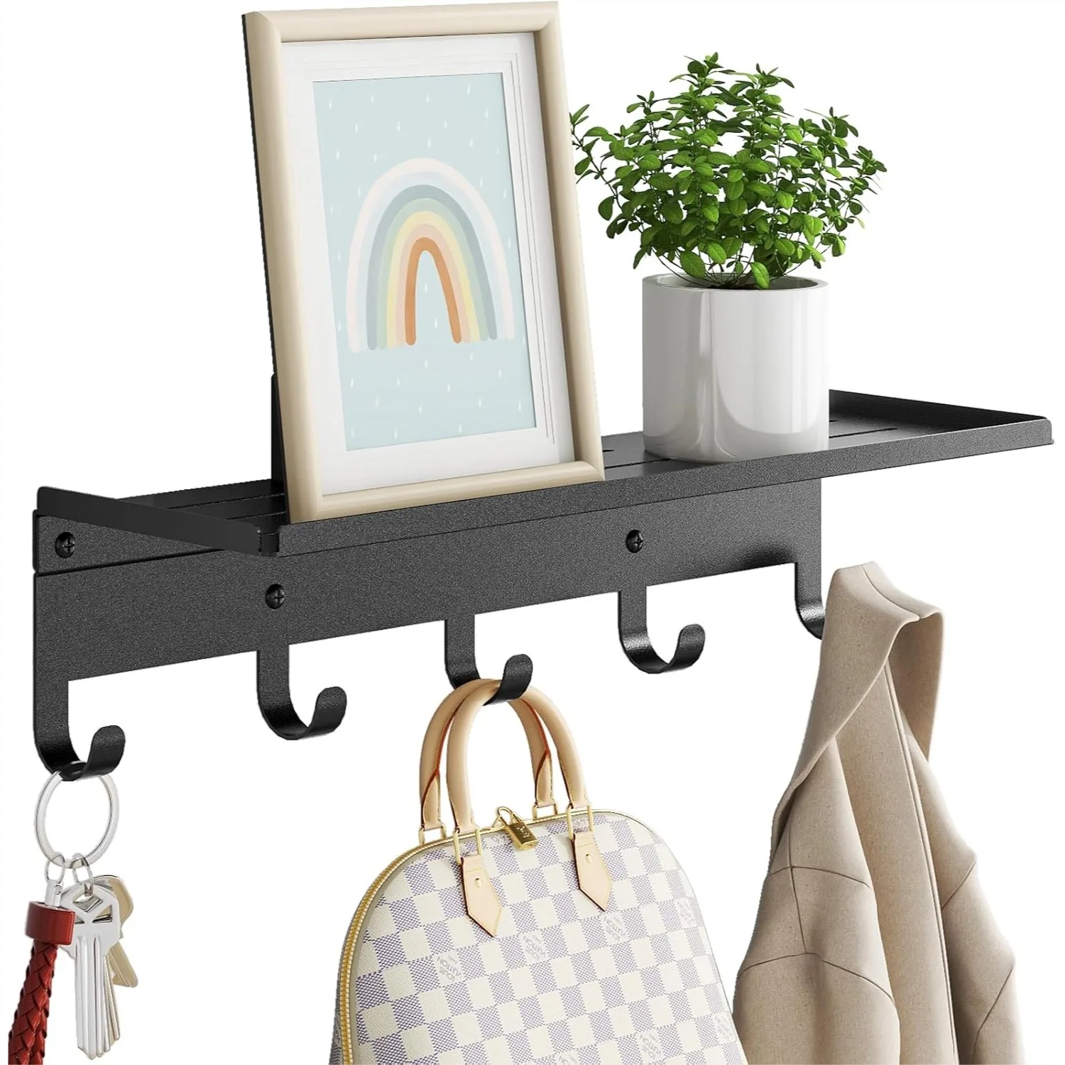 Wall Shelf With 5 Hooks, Metal Coat Rack Wall Mounted, 17 Inch Clothes Hooks For Entryway Living Room Bedroom, Black
Wall Shelf With 5 Hooks, Metal Coat Rack Wall Mounted, 17 Inch Clothes Hooks For Entryway Living Room Bedroom, Black