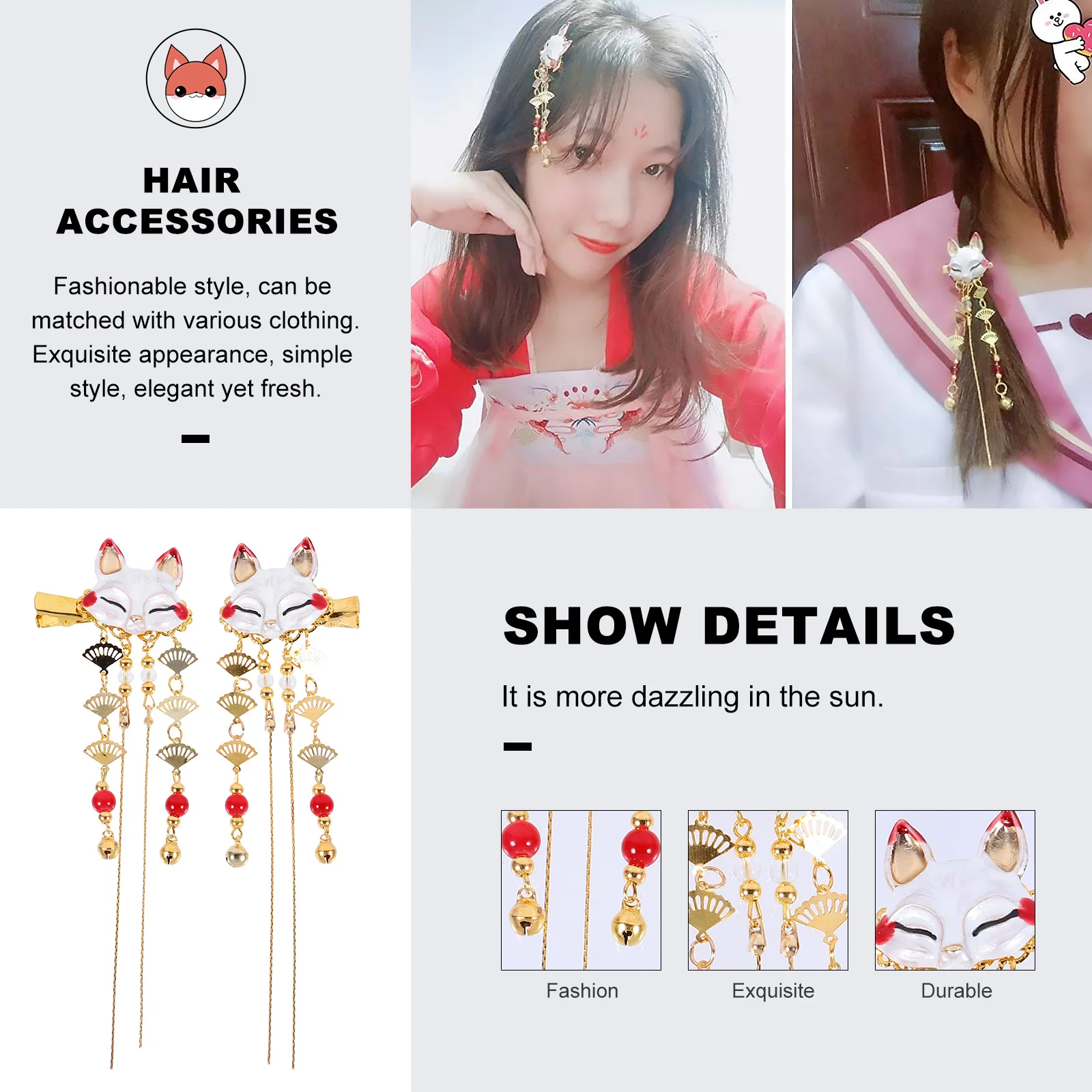 2pcs Fox Hair Clip Alloy Tassel Hairpin Cute Cartoon Mask Design Chinese Style Headdress For Women Girls Party Festival Decor
2pcs Fox Hair Clip Alloy Tassel Hairpin Cute Cartoon Mask Design Chinese Style Headdress For Women Girls Party Festival Decor