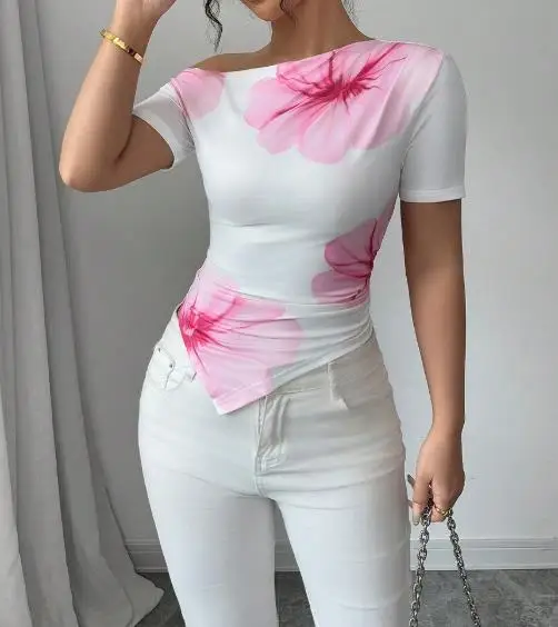 Top Women 2025 Summer New Fashion Floral Slim-Fitting T-Shirt Sloping Shoulder Short Sleeve Casual Irregular Hem T-Shirt Top
Top Women 2025 Summer New Fashion Floral Slim-Fitting T-Shirt Sloping Shoulder Short Sleeve Casual Irregular Hem T-Shirt Top