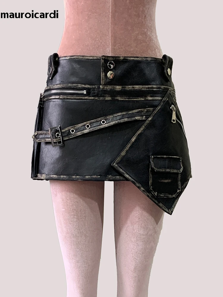 Mauroicardi Summer Distressed Black Pu Leather Mini Asymmetrical Skirts for Woman High Waist Short Emo Clothes New Arrivals 2025
Mauroicardi Summer Distressed Black Pu Leather Mini Asymmetrical Skirts for Woman High Waist Short Emo Clothes New Arrivals 2025