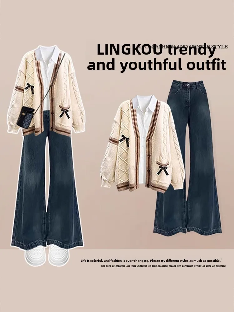 Large Size Autumn Preppy Style Women's Knitted Top And Denim Bottoms Three-Piece Set Vintage Open Cardigan Base Layer Fashion
Large Size Autumn Preppy Style Women's Knitted Top And Denim Bottoms Three-Piece Set Vintage Open Cardigan Base Layer Fashion
