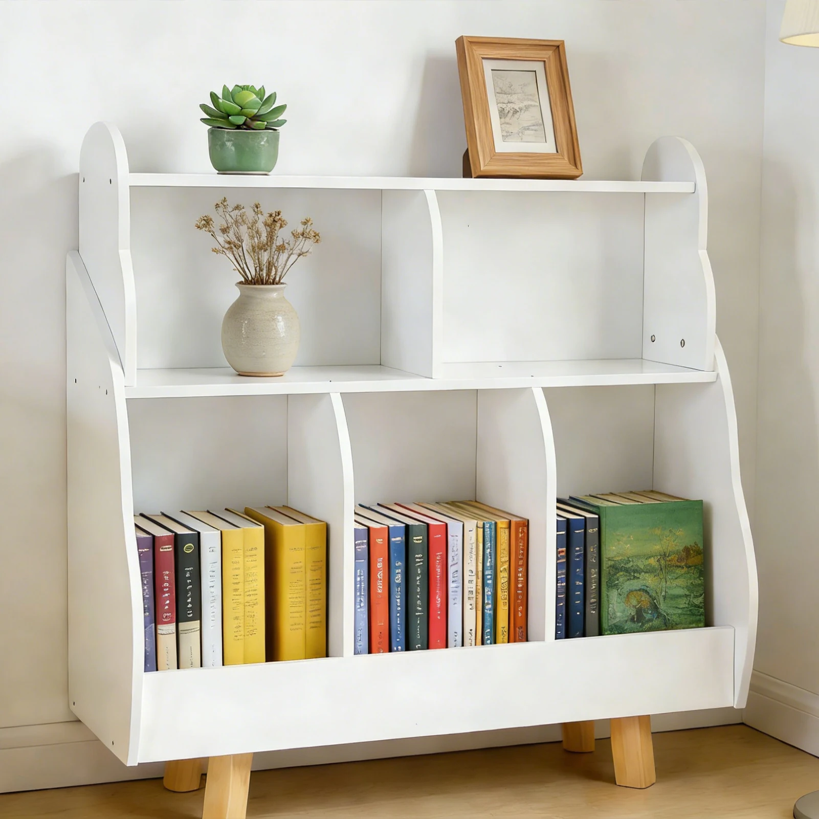 3 Tier Bookshelf Storage Organizer Kids Toy Bookcase with 5 Open Storage Boxes Curved Design Solid Wood Legs Book Cabinet Bookrack for Nursery Living Room Playroom
3 Tier Bookshelf Storage Organizer Kids Toy Bookcase with 5 Open Storage Boxes Curved Design Solid Wood Legs Book Cabinet Bookrack for Nursery Living Room Playroom