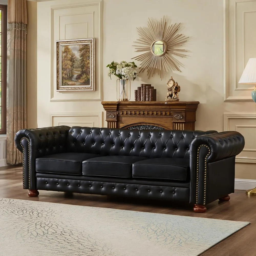 Chesterfield Leather Sofa, 89" Mid Century Modern Couch with Low Back, Roll Arm Nailhead Trim Classic 3 Seater Couch for Living 
Chesterfield Leather Sofa, 89" Mid Century Modern Couch with Low Back, Roll Arm Nailhead Trim Classic 3 Seater Couch for Living