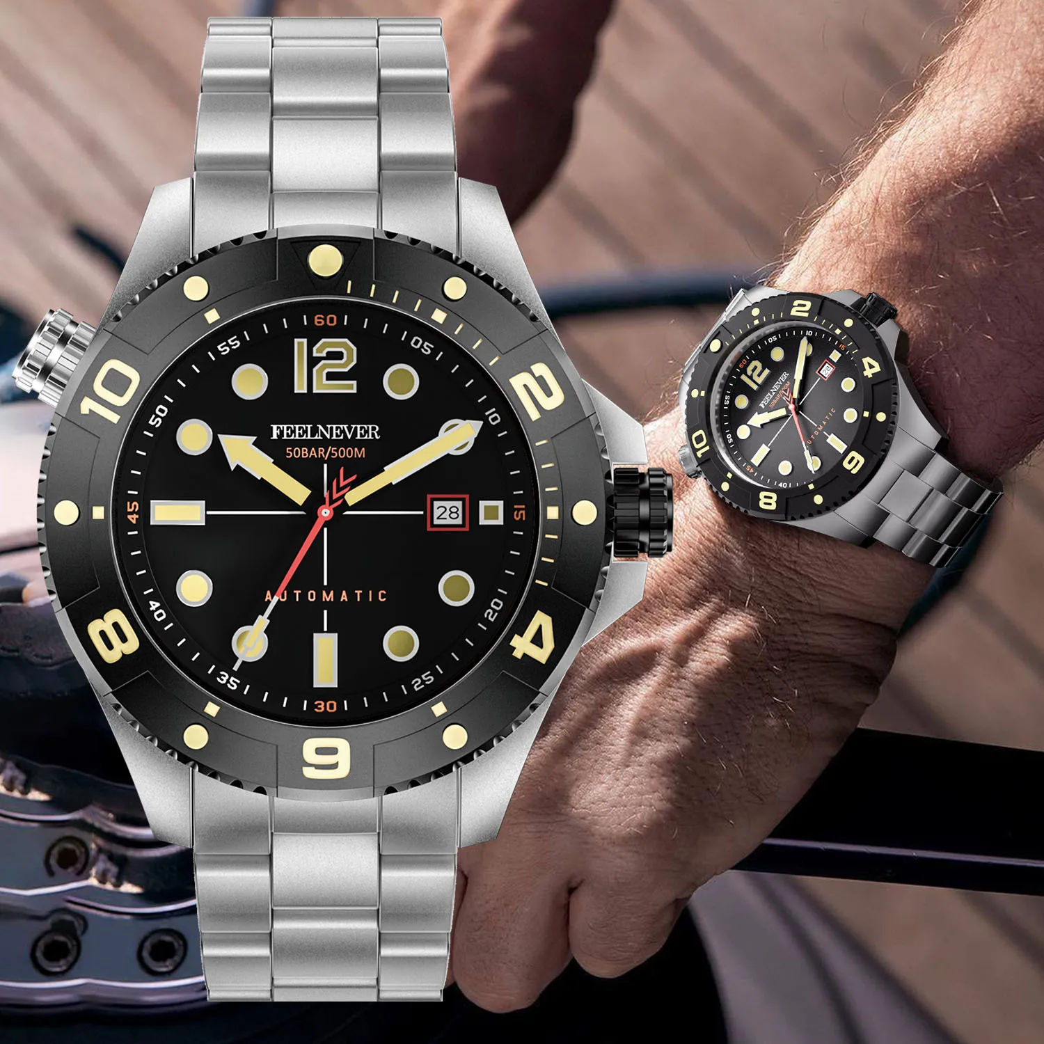 FeelNever Profession Dive Sport Mechanical Watches 316L Stainless Steel Sapphire Crystal 50Bar Auto Date Wristwatch reloj hombre
FeelNever Profession Dive Sport Mechanical Watches 316L Stainless Steel Sapphire Crystal 50Bar Auto Date Wristwatch reloj hombre
