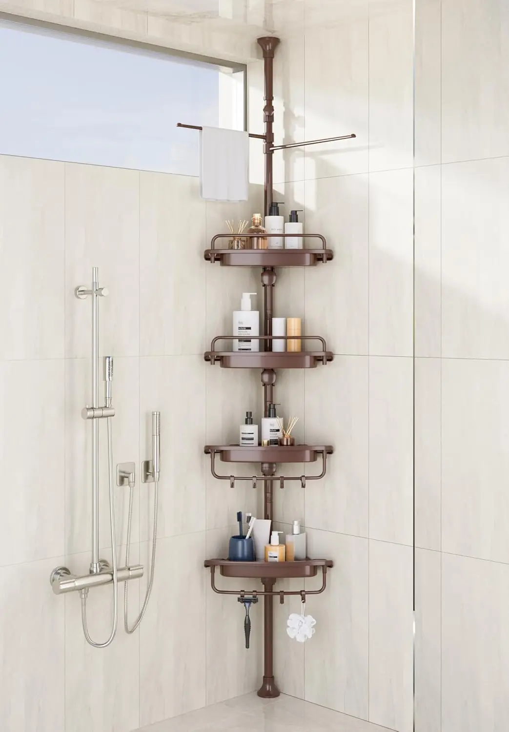 32-122inch Corner Shower Caddy Tension Pole Brown, Rustproof Drill-Free, Adjustable Shower Organizer with 4 Tier Stable Shelves
32-122inch Corner Shower Caddy Tension Pole Brown, Rustproof Drill-Free, Adjustable Shower Organizer with 4 Tier Stable Shelves