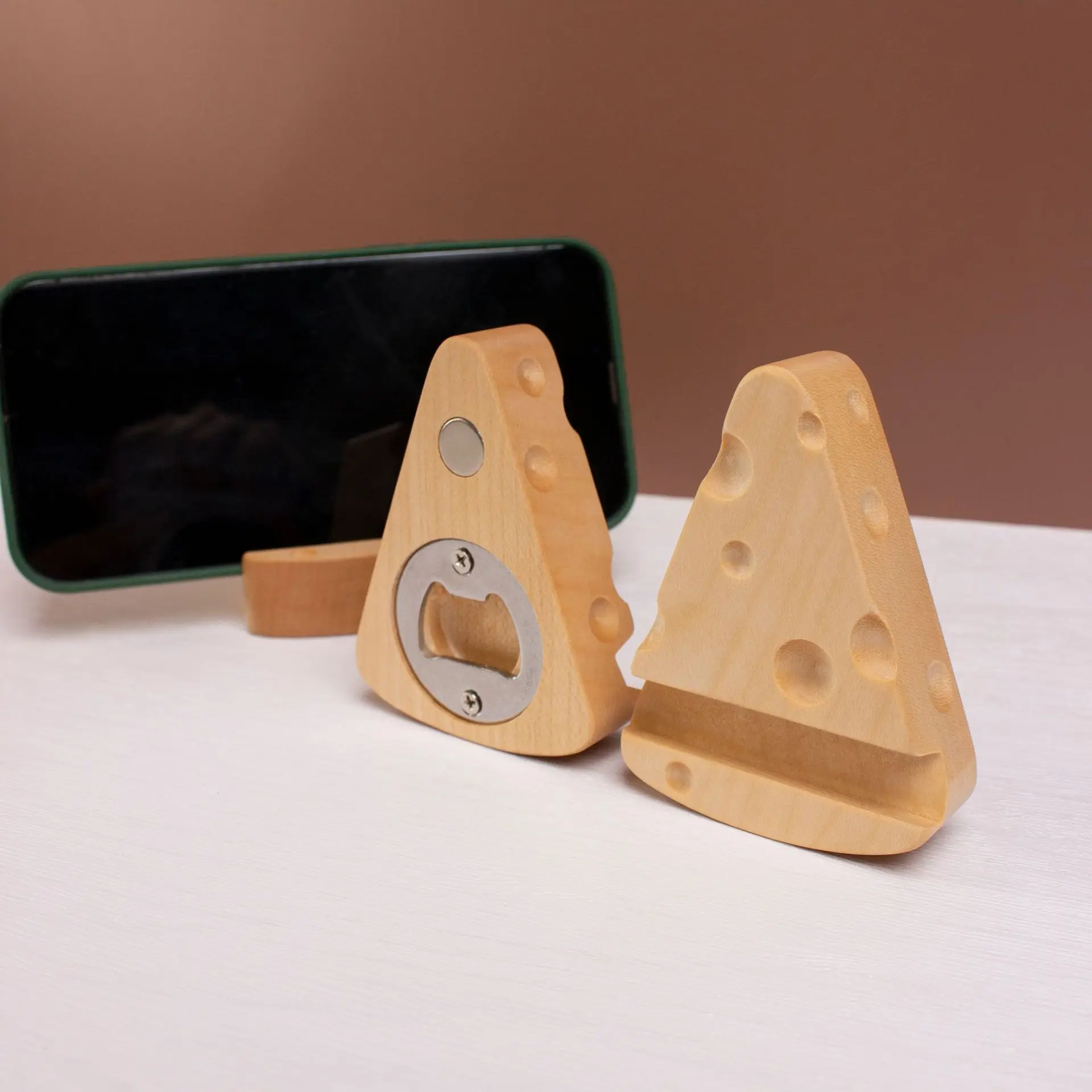 Wooden phone holder with bottle opener that can magnetically attract solid wood ornaments, cheese lazy desktop phone holder
Wooden phone holder with bottle opener that can magnetically attract solid wood ornaments, cheese lazy desktop phone holder