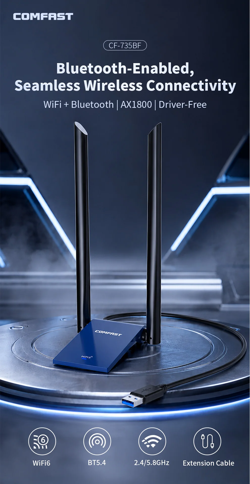 COMFAST CF-735BF AX1800 WiFi6 BT5.4 USB3.0 Wireless Adapter Dual Band 2.4G+5.8G WiFi Receiver AP Transmitter for Desktop Laptop
COMFAST CF-735BF AX1800 WiFi6 BT5.4 USB3.0 Wireless Adapter Dual Band 2.4G+5.8G WiFi Receiver AP Transmitter for Desktop Laptop