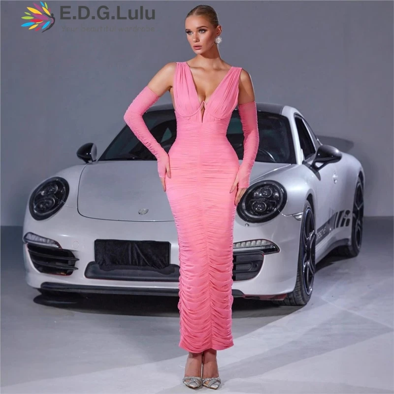 EDGLuLu Deep V-Neck Tight Pleated Long Dress Off Shoulder Long Sleeved Pink Dress Backless Rear Slit Sexy Dress Nwe 0412
EDGLuLu Deep V-Neck Tight Pleated Long Dress Off Shoulder Long Sleeved Pink Dress Backless Rear Slit Sexy Dress Nwe 0412