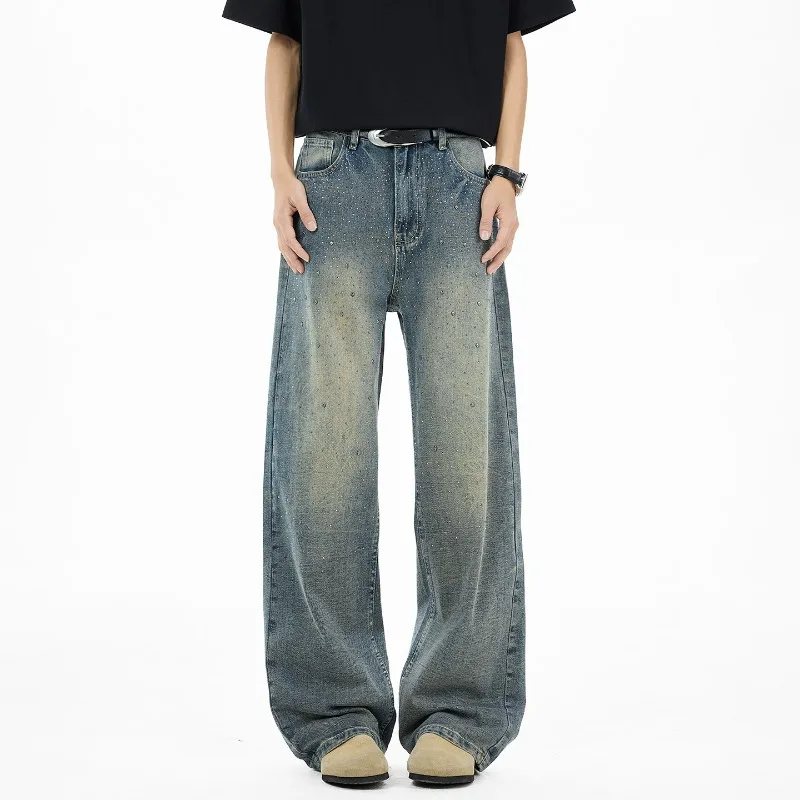 Edgy Men's Jeans Heat-melting Rhinestone Embellished Washed Blue Wide Leg Fit Streetwear Premium Denim Pants
Edgy Men's Jeans Heat-melting Rhinestone Embellished Washed Blue Wide Leg Fit Streetwear Premium Denim Pants
