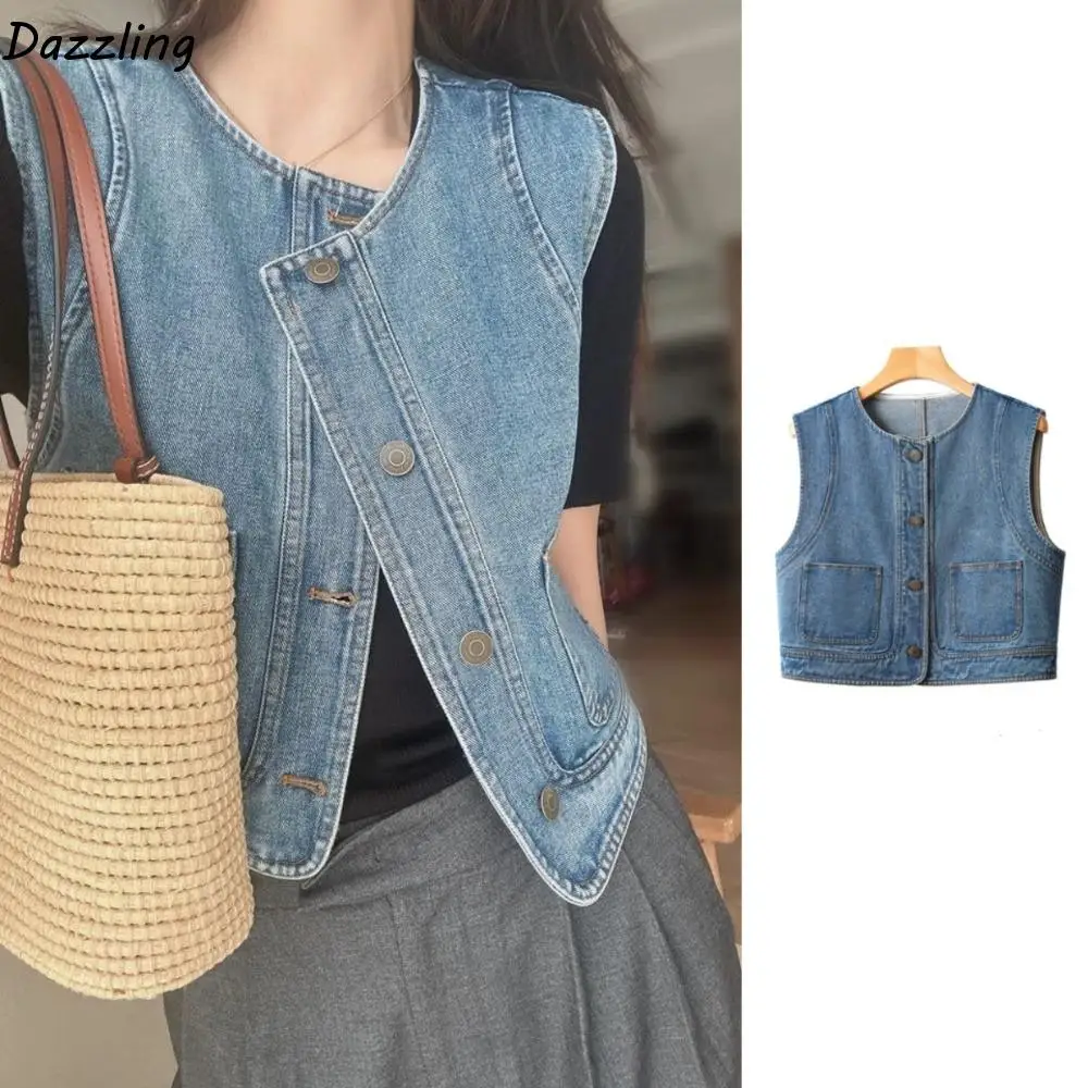 Модные винтажные джинсовые жилеты Y2K, синяя универсальная укороченная куртка без рукавов с круглым вырезом, жилет в стиле ретро для женщин и девочек 
Модные винтажные джинсовые жилеты Y2K, синяя универсальная укороченная куртка без рукавов с круглым вырезом, жилет в стиле ретро для женщин и девочек