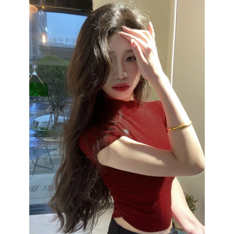 Crop Top T Shirts In Cotton Low Neck Decoration Beachwear Style Pleat Tightening Mature Cloth Balletcore Temperament Lacy Ladies
Crop Top T Shirts In Cotton Low Neck Decoration Beachwear Style Pleat Tightening Mature Cloth Balletcore Temperament Lacy Ladies