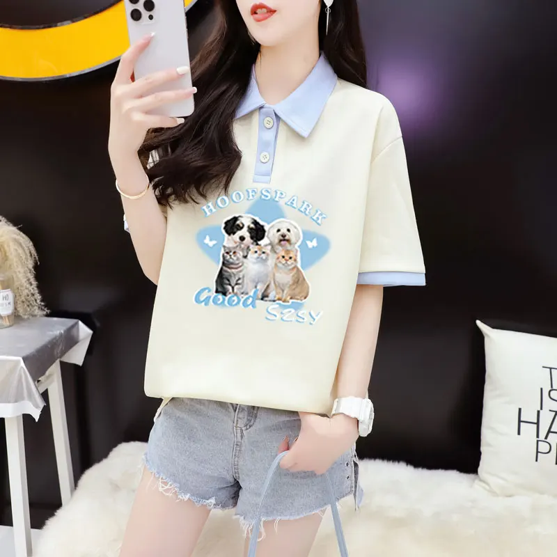 College Style Polo Shirt Short Sleeve Summer Sweet Cute Kitten Print Contrast Casual T-shirt Top Ins Tee
College Style Polo Shirt Short Sleeve Summer Sweet Cute Kitten Print Contrast Casual T-shirt Top Ins Tee