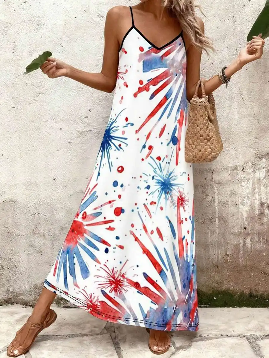 Lightweight Breathable V-Neck Slip Dress With Firework Print For Summer Party
Lightweight Breathable V-Neck Slip Dress With Firework Print For Summer Party