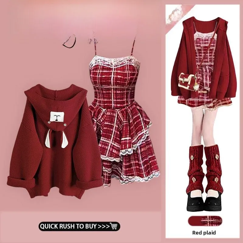 Korean Style Hooded Knitted Sweater Coat Women's Loose Sweater Plaid Strap Dress Set Spring Fashion Two-Piece Suit Casual Wear
Korean Style Hooded Knitted Sweater Coat Women's Loose Sweater Plaid Strap Dress Set Spring Fashion Two-Piece Suit Casual Wear
