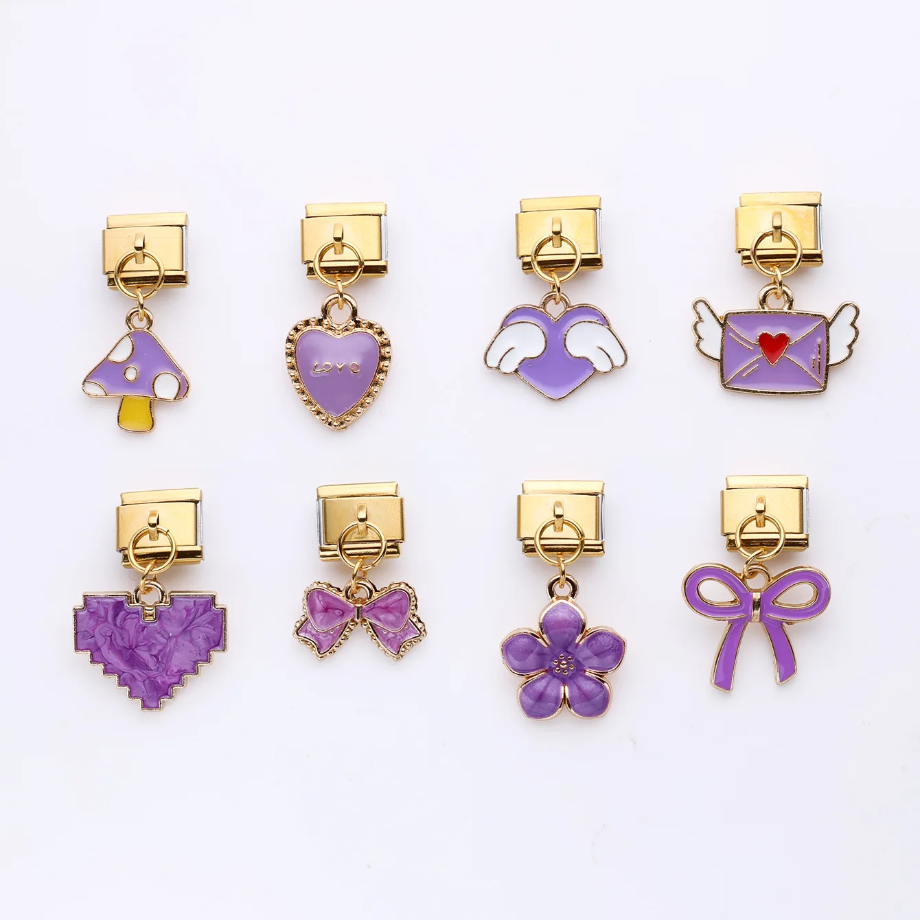 Fashion Purple Color Bow Heart Flower Pendant Italian Charm ModuleStainless Steel Bracelet for Woman Girl DIY Making Accessories
Fashion Purple Color Bow Heart Flower Pendant Italian Charm ModuleStainless Steel Bracelet for Woman Girl DIY Making Accessories