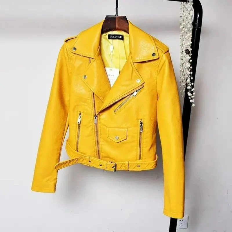 Spring Autumn Faux Leather Yellow Bomber Jacket Locomotive Belted PU Coat Zipper Cardigan Turn Down Collar Streetwear Crop Tops
Spring Autumn Faux Leather Yellow Bomber Jacket Locomotive Belted PU Coat Zipper Cardigan Turn Down Collar Streetwear Crop Tops
