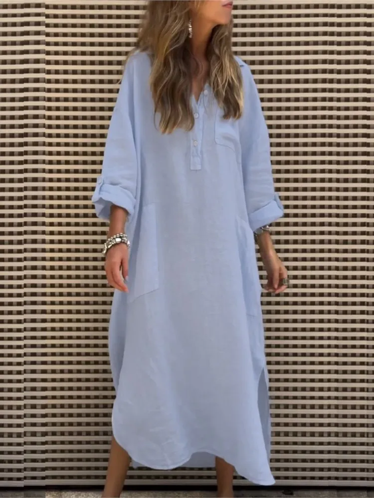Women Simple Casual Solid Cotton Blend Dress Spring Button Stand Collar Side Slit Long Dress Summer Long Sleeve Loose Maxi Dress
Women Simple Casual Solid Cotton Blend Dress Spring Button Stand Collar Side Slit Long Dress Summer Long Sleeve Loose Maxi Dress