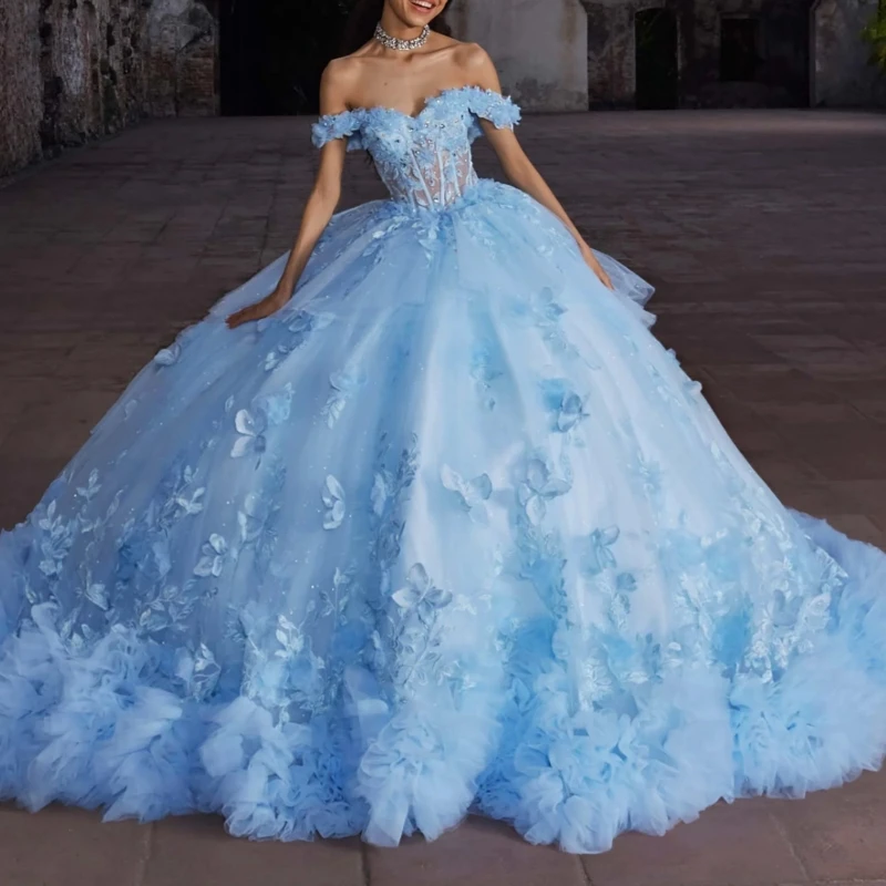 Sky Blue Quinceanera Dresses Ball Gown Off The Shoulder Applique Flower Bow Beads Tull Tiered Sweet 16 Dress Vestidos 15 De Anos
Sky Blue Quinceanera Dresses Ball Gown Off The Shoulder Applique Flower Bow Beads Tull Tiered Sweet 16 Dress Vestidos 15 De Anos