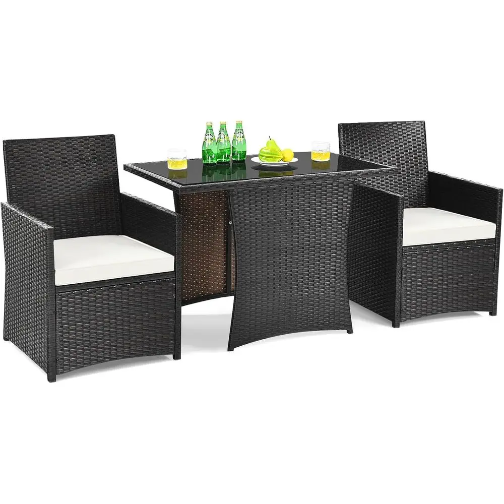 3-Piece Outdoor Bistro Set with Glass Top, Cushions, Rattan Chairs for Patio, Balcony, or Deck, White
3-Piece Outdoor Bistro Set with Glass Top, Cushions, Rattan Chairs for Patio, Balcony, or Deck, White