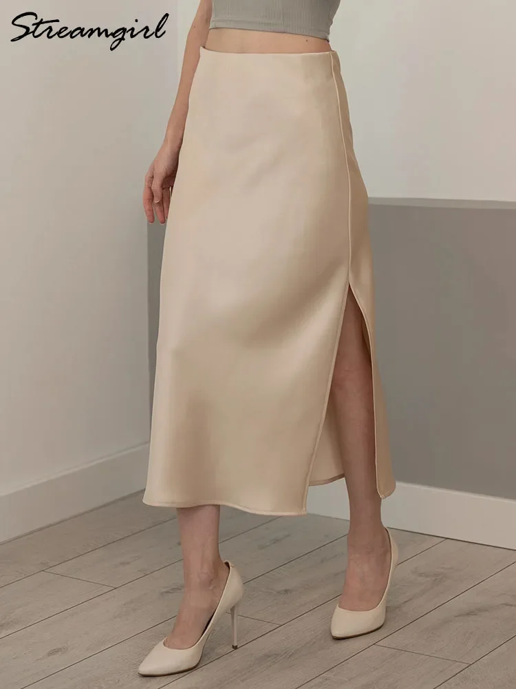 Streamgirl Office Black Midi Skirts For Women High Waist Elegant Silk Skirt Ladies Solid Women Satin Skirt With Slit On The Side
Streamgirl Office Black Midi Skirts For Women High Waist Elegant Silk Skirt Ladies Solid Women Satin Skirt With Slit On The Side