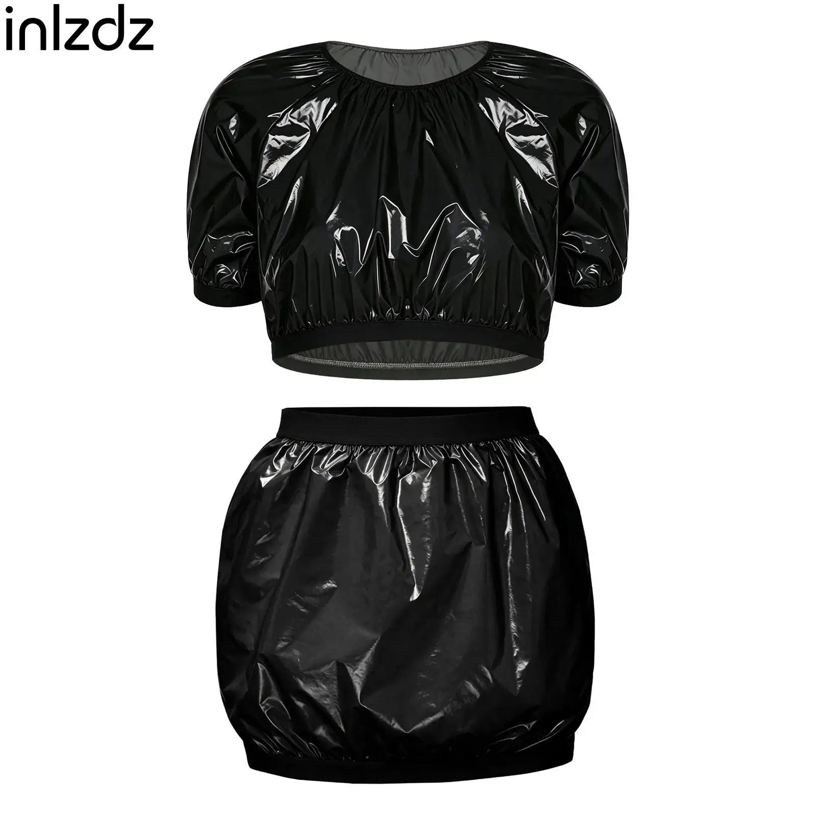 Waterproof Glossy Vinyl Two Piece Set for Women Short Sleeve Crop Top and Plastic Mini Skirt Swim Cover Up Special Needs Wear
Waterproof Glossy Vinyl Two Piece Set for Women Short Sleeve Crop Top and Plastic Mini Skirt Swim Cover Up Special Needs Wear