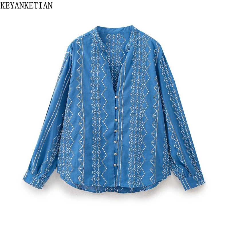 KEYANKETIAN Spring/Autumn New Women's Embroidered shirt Retro style Stand collar Single Breasted Long Sleeve Loose Blouse Top
KEYANKETIAN Spring/Autumn New Women's Embroidered shirt Retro style Stand collar Single Breasted Long Sleeve Loose Blouse Top