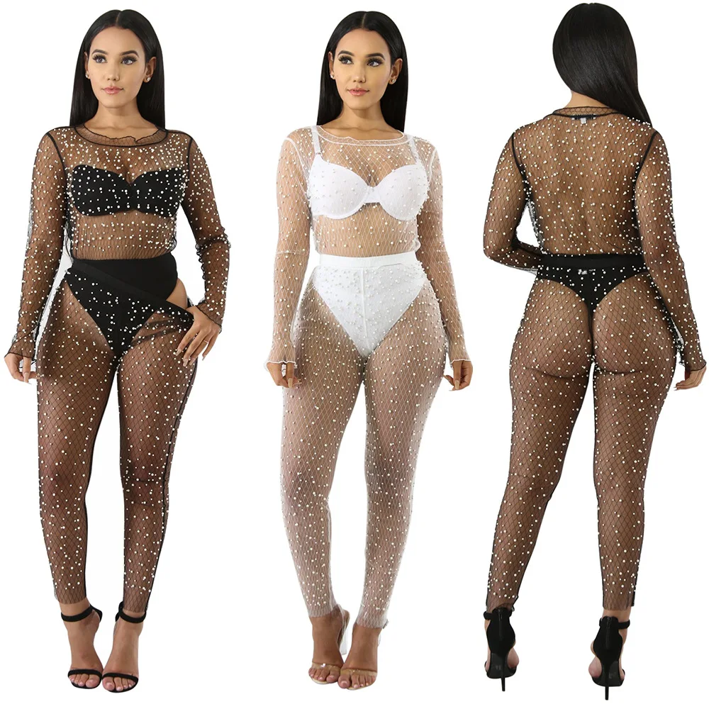 New Crystal Diamond Black Women Hollow Out Transparent Loose Long Fishnet Bodysuit Sexy Pearls Patchwork Pant Set Two Piece Set
New Crystal Diamond Black Women Hollow Out Transparent Loose Long Fishnet Bodysuit Sexy Pearls Patchwork Pant Set Two Piece Set