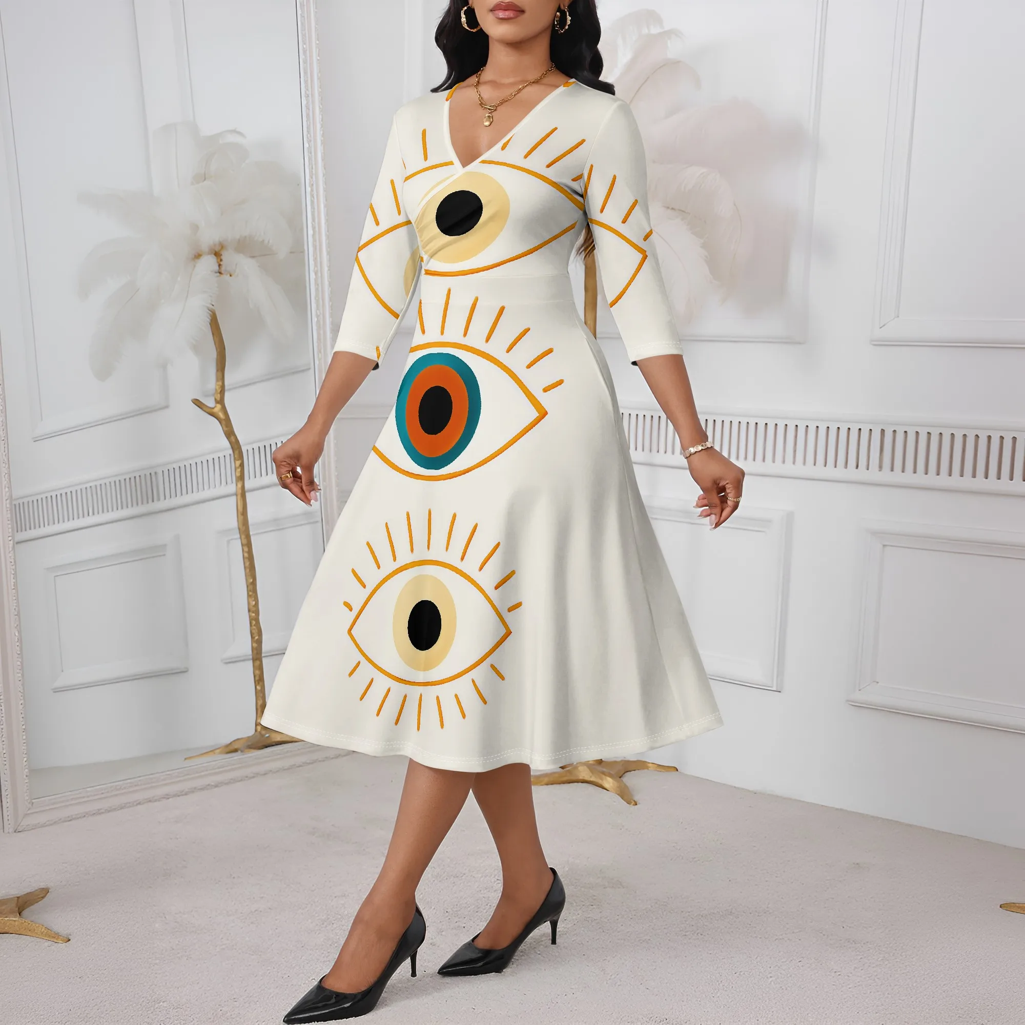 Spiritual Eye Print Midi Dress XS-3XL V-Neck A-Line Style for Juneteenth, Cultural Parade or Visionary Streetwear Fashion
Spiritual Eye Print Midi Dress XS-3XL V-Neck A-Line Style for Juneteenth, Cultural Parade or Visionary Streetwear Fashion