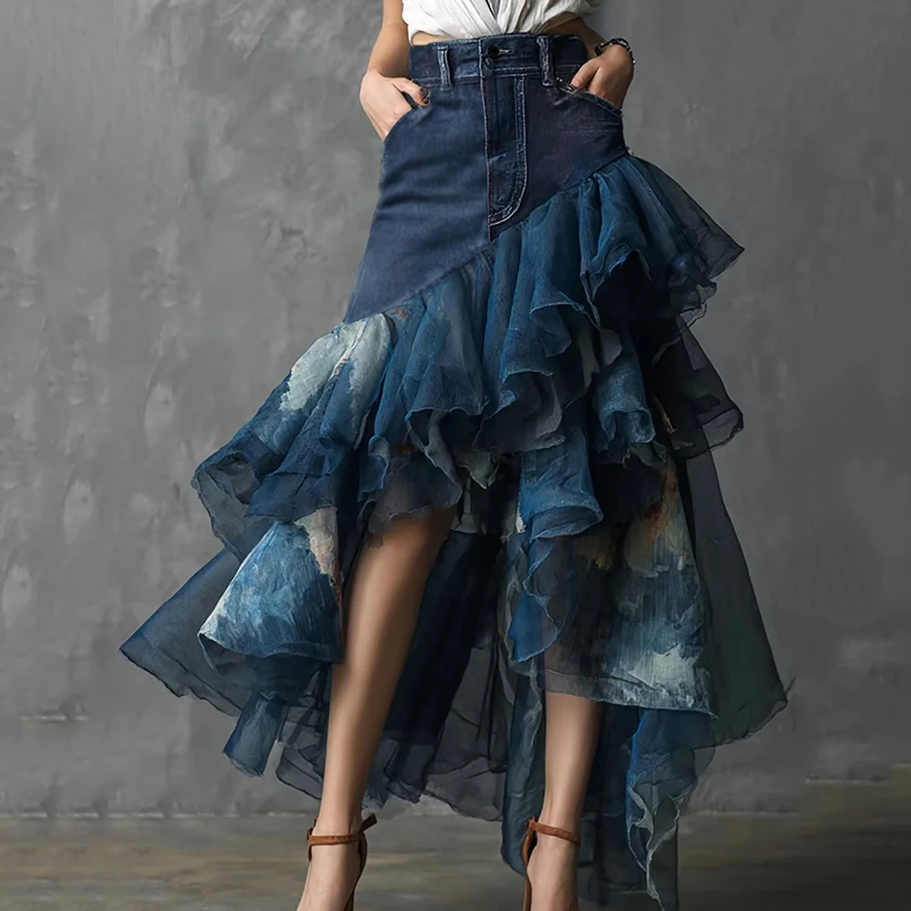 Women's Organza Splice Denim Ruffle Maxi Skirt High Waisted Asymmetrical Sheer Tulle Layered Skirt Female Fashion Skirts
Women's Organza Splice Denim Ruffle Maxi Skirt High Waisted Asymmetrical Sheer Tulle Layered Skirt Female Fashion Skirts