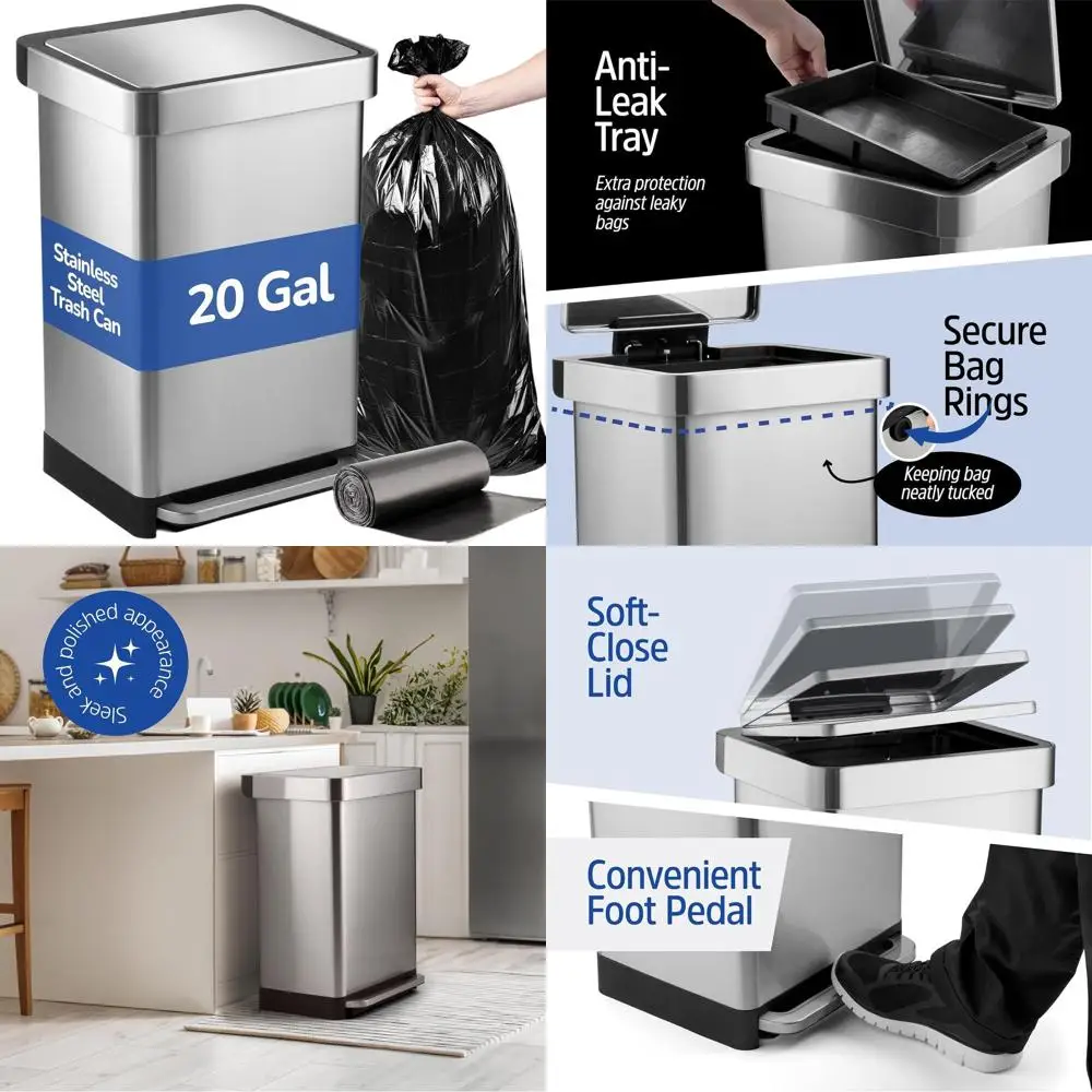 20 Gallon Pedal-Activated Stainless Steel Kitchen Trash Can with Soft-Closing Lid and Bag Holder
20 Gallon Pedal-Activated Stainless Steel Kitchen Trash Can with Soft-Closing Lid and Bag Holder