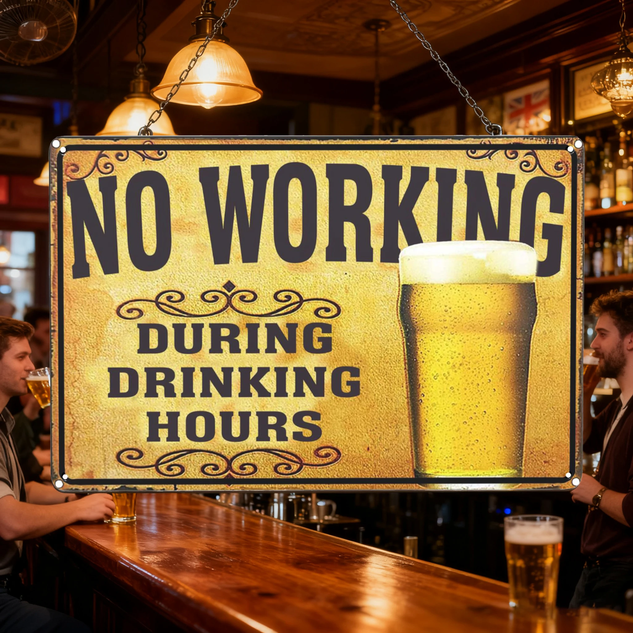 Vintage 'No Working During Drinking Hours' Beer Metal Sign: Retro Bar/Pub Decor, Fun Wall Art for Man Cave & Home Bar
Vintage 'No Working During Drinking Hours' Beer Metal Sign: Retro Bar/Pub Decor, Fun Wall Art for Man Cave & Home Bar