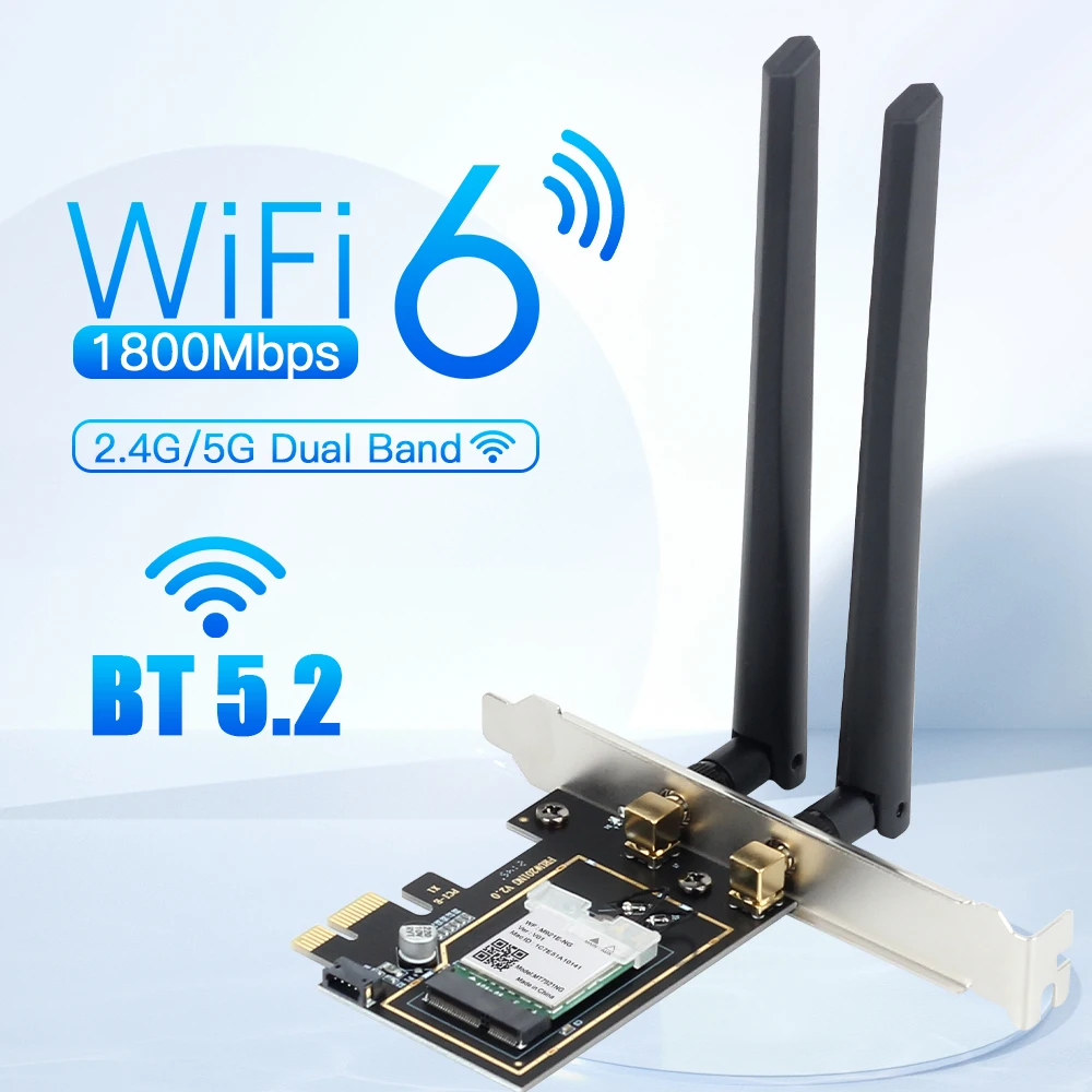1800Mbps WiFi 6 PCIe Wireless Network Card MT7921 Bluetooth 5.2 Dual Band 802.11AX/AC 6DB High Gain Antenna for Windows 10/11
1800Mbps WiFi 6 PCIe Wireless Network Card MT7921 Bluetooth 5.2 Dual Band 802.11AX/AC 6DB High Gain Antenna for Windows 10/11