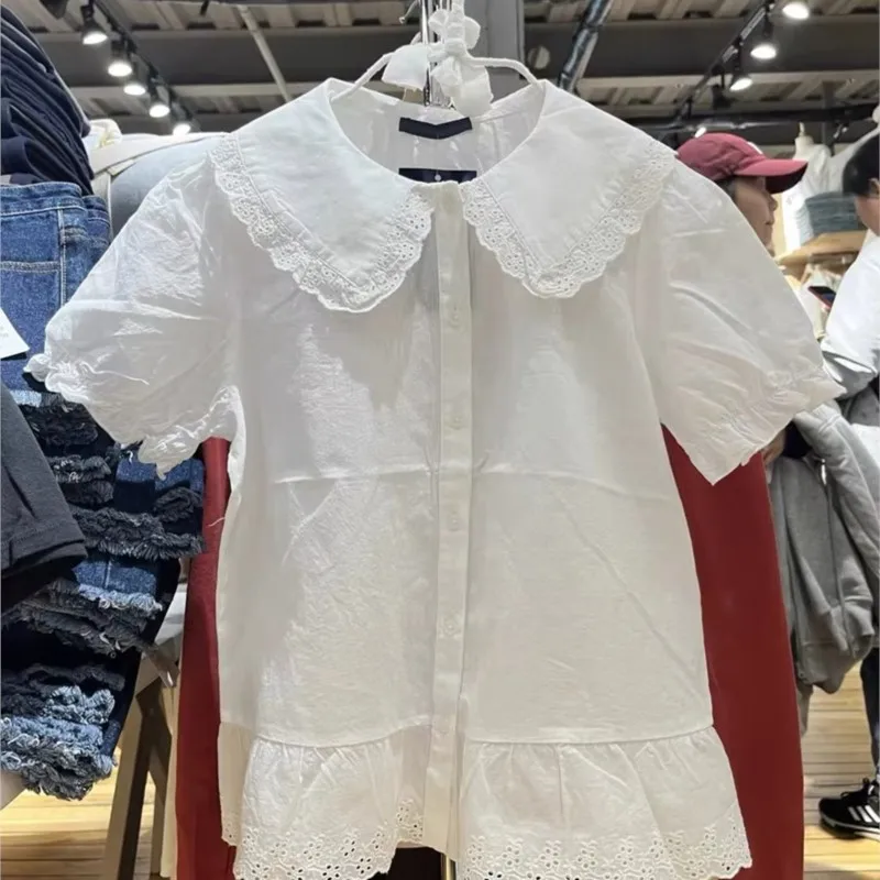 Lace Trim White Short Sleeve T-shirt Blouse Summer Lapel Single Breasted Cotton Tees Women Preppy Style Sweet Cute Tshirt New
Lace Trim White Short Sleeve T-shirt Blouse Summer Lapel Single Breasted Cotton Tees Women Preppy Style Sweet Cute Tshirt New