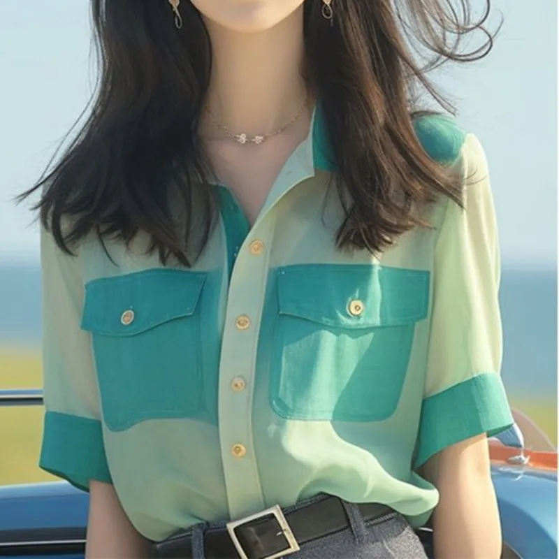 Spring And Summer New Patchwork Color Turn-Down Collar Short Sleeve Chiffon Women's Wear High Quality Single Breasted Shirt
Spring And Summer New Patchwork Color Turn-Down Collar Short Sleeve Chiffon Women's Wear High Quality Single Breasted Shirt
