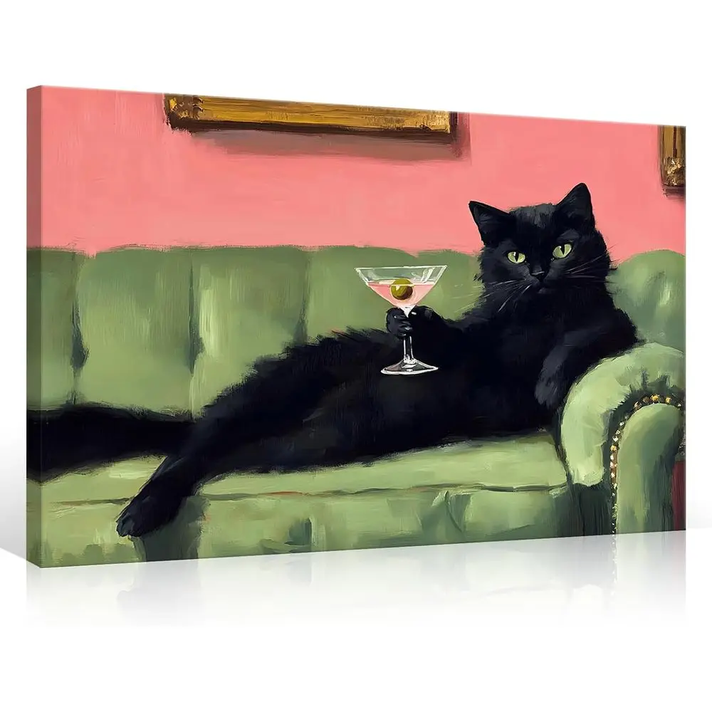 Whimsical Black Cat Canvas Art, Green Sofa, Cocktail Bar Cart, Eclectic Style, 24x36in
Whimsical Black Cat Canvas Art, Green Sofa, Cocktail Bar Cart, Eclectic Style, 24x36in