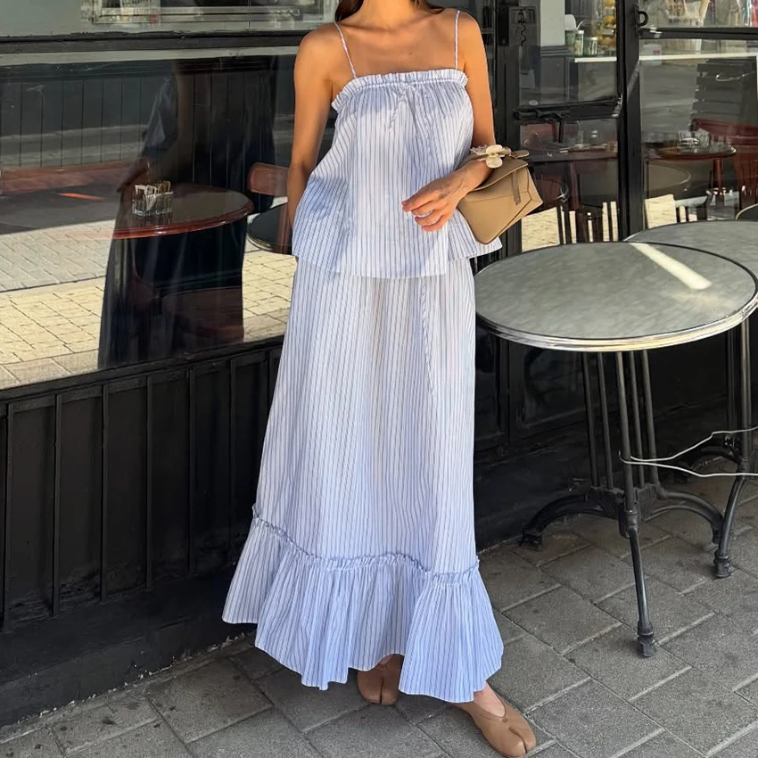 Linad Casual Spaghetti Strap Vest Long Skirt Two-Piece Sets Striped Ruffles Summer Outfit Sexy Sleeveless Woman Suit Pure Cotton
Linad Casual Spaghetti Strap Vest Long Skirt Two-Piece Sets Striped Ruffles Summer Outfit Sexy Sleeveless Woman Suit Pure Cotton