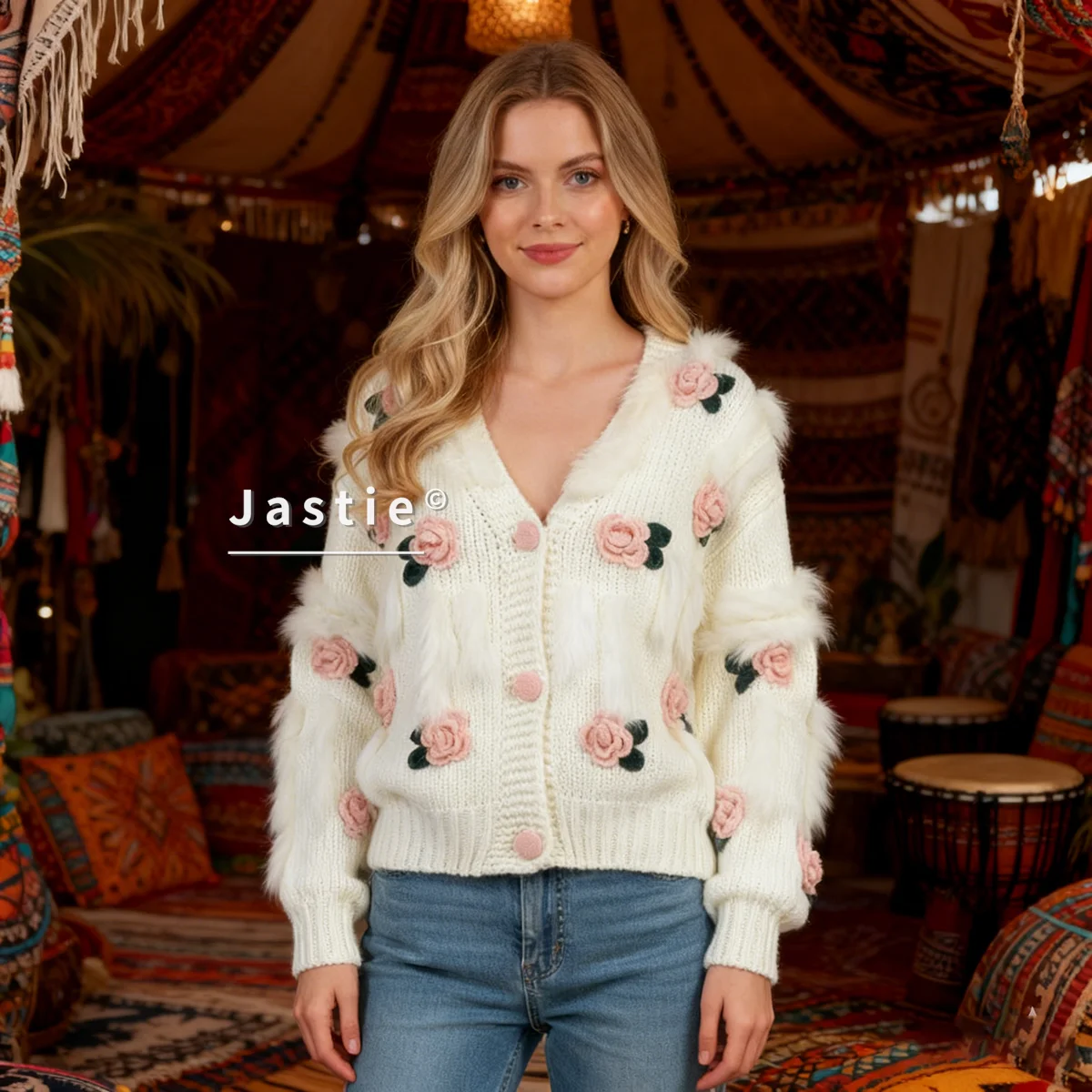 Women's White Knit Cardigan Fluffy Fur Accents & 3D Pink Rose V-Neck Button Sweet Oversized Boho Casual Winter Sweater Cardigan
Women's White Knit Cardigan Fluffy Fur Accents & 3D Pink Rose V-Neck Button Sweet Oversized Boho Casual Winter Sweater Cardigan
