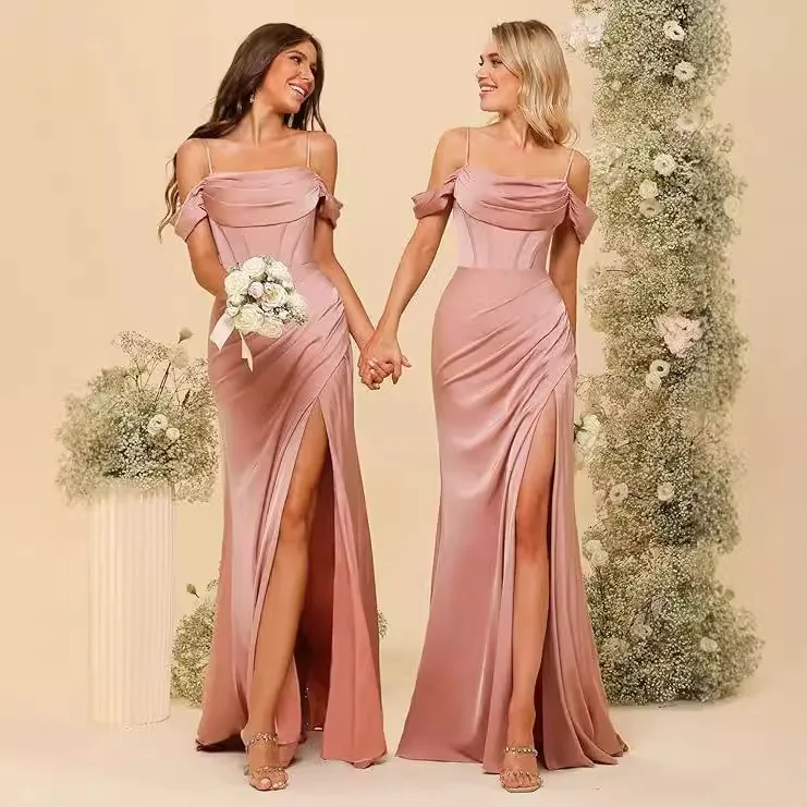 Satin Off Shoulder Bridesmaid Dress Women Cowl Neck Ruched High Slit Mermaid Maxi Gown Wedding Party Formal Dresses
Satin Off Shoulder Bridesmaid Dress Women Cowl Neck Ruched High Slit Mermaid Maxi Gown Wedding Party Formal Dresses